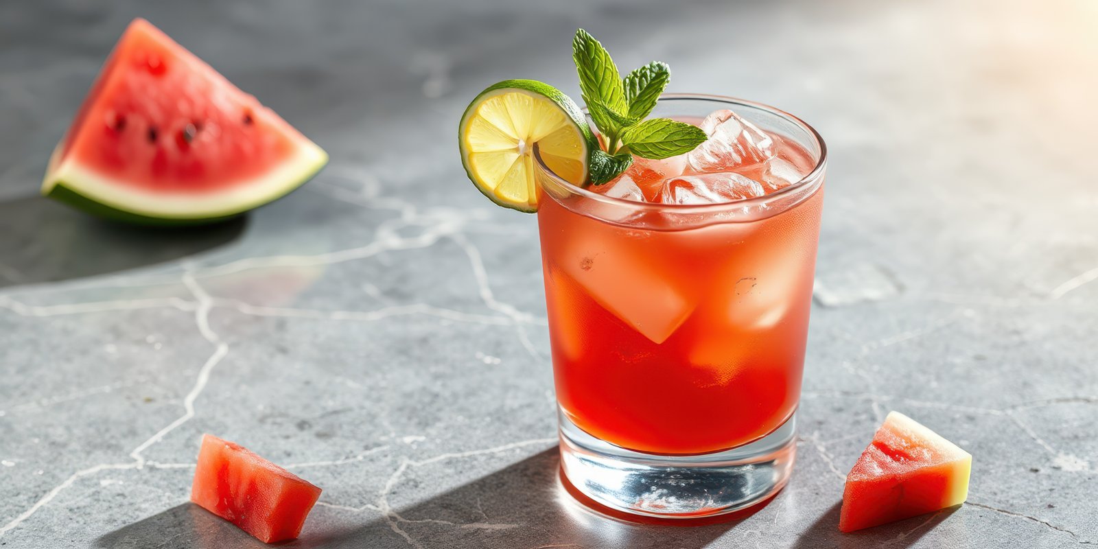 Refreshing watermelon cocktail garnished with lime and mint on a marble surface during sunny day